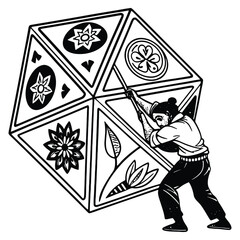Artistic depiction of a person shifting a geometric symbol with decorative floral elements