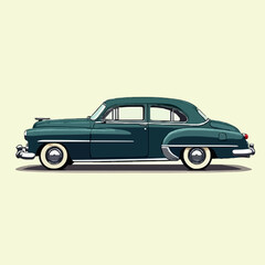 Fototapeta premium Timeless classic dark teal sedan glides elegantly, showcasing vintage automotive design with iconic chrome accents and whitewall tires, perfect for nostalgic projects and retro automotive passion.