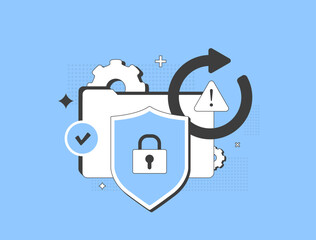 Ransomware attack recovery process with shield, folder protection, password security. Ransomware attack recovery data restoration for cybersecurity and digital risk prevention vector illustration