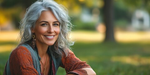 Portrait of a beautiful smiling woman with gray hair, sitting on the grass in a city park, embodying the peace and fulfillment that comes with age, Generative AI