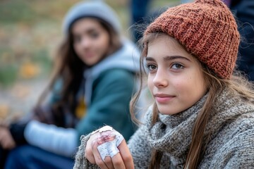 Close-up of a Gen Z student with a broken hand, sitting with friends outdoors after school. This image highlights the resilience of young individuals coping with injuries, Generative AI
