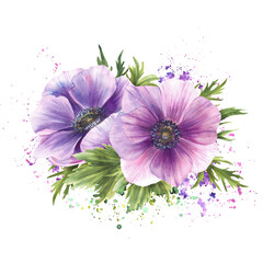Anemone purple flowers Bouquet on watercolor splashes spotted background. Windflowers Pink lilac and green buds isolated illustration for wedding, birthday, valentines tag greeting card. Hand painting
