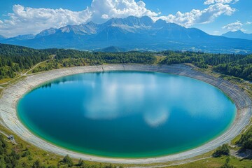 Aerial view of Liptovska Mara water reservoir, surrounded by serene natural landscapes with the High Tatras mountains in the distance, symbolizing the beauty of untouched nature, Generative AI