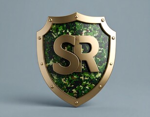 Gold shield with green camouflage and initials