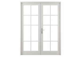 A pair of elegant white french doors with multiple glass panes is presented against a clean transparent background offering a sense of refined access