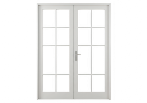 A pair of elegant white french doors with multiple glass panes is presented against a clean transparent background offering a sense of refined access