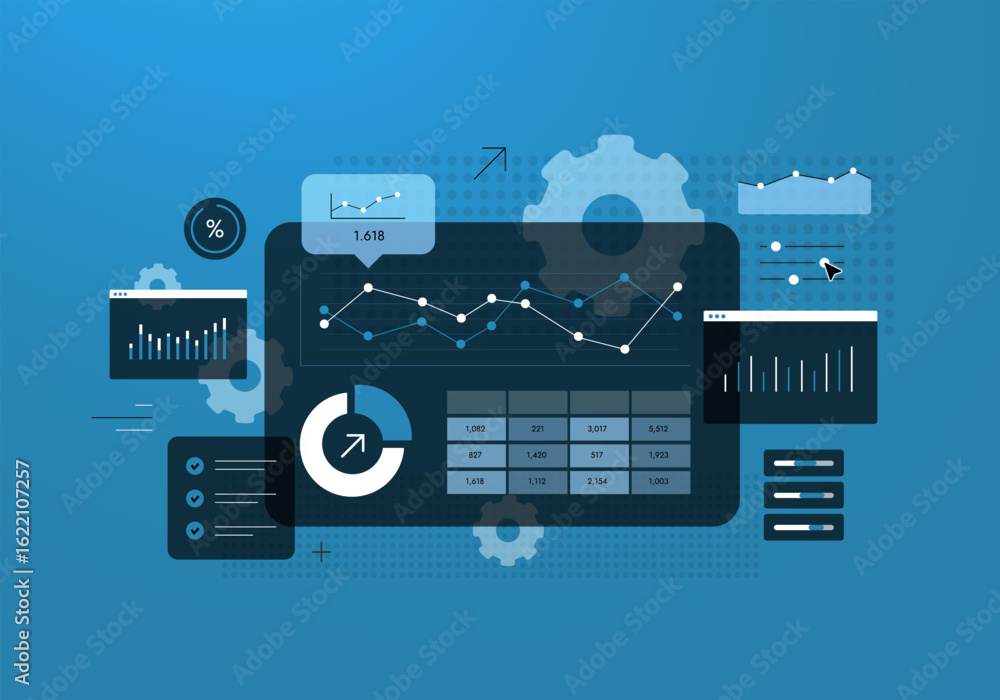 Poster marketing performance dashboard with conversion metrics, engagement charts and automated reporting. 