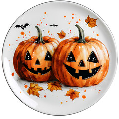 Two cheerful Halloween pumpkins with carved faces, surrounded by autumn leaves, perfect for festive decorations.