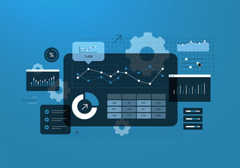 Marketing performance dashboard with conversion metrics, engagement charts and automated reporting. Marketing performance dashboard for digital ad campaign optimization and growth vector illustration