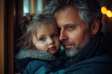 Mature father with his small daughter standing together indoors,  and sharing a warm moment of love and affection, Generative AI