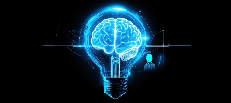 Glowing lightbulb featuring a brain symbolizing innovation and artificial intelligence
