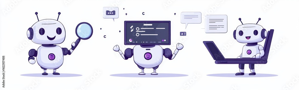 Poster illustration of ai chatbots performing tasks in a modern digital environment