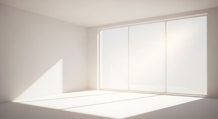 Minimalist white room interior with large windows casting soft shadows provides spaciousness