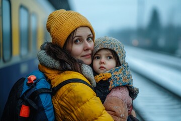 Ukrainian woman with her daughter saying goodbye at a train station, leaving Ukraine due to the Russian invasion, capturing the emotional toll of displacement, Generative AI