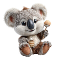A cute cartoon koala holding a honey jar and spoon, radiating joy and playfulness in a vibrant, animated style.