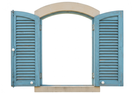 A charming old wooden window with bright blue shutters is wide open revealing a bright transparent background set within a stone archway - Powered by Adobe