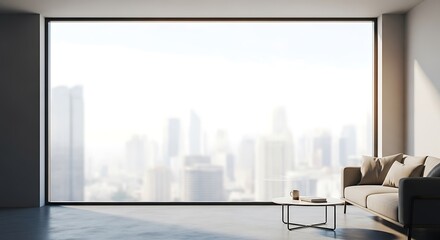 Modern living room interior with panoramic city view and comfortable sofa