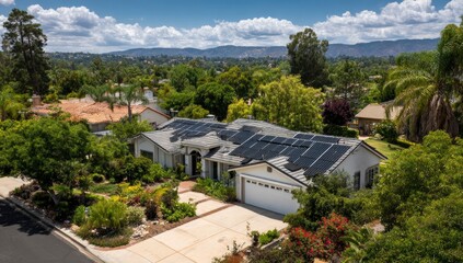 Hillside home solar panels, aerial view, residential, sunny day