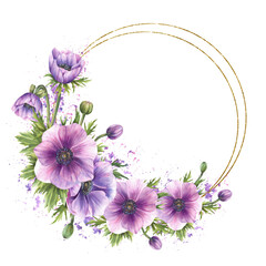 Anemone purple flowers buds and leaves gold framed wreath. Romantic bouquet on watercolor pink, violet splashes, spotted background Isolated hand painted circle illustration for wedding, greeting card