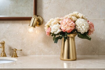 Warm interior scene with golden accents features a lush floral arrangement in a vase