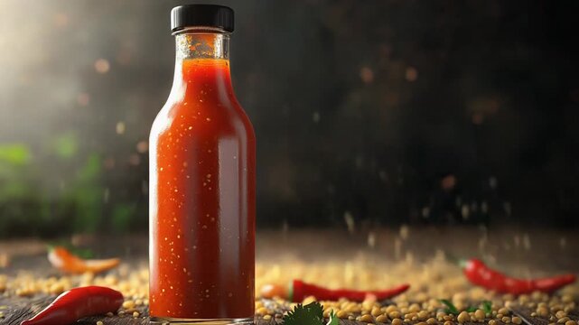 Spicy hot sauce bottle with falling spices and chili peppers