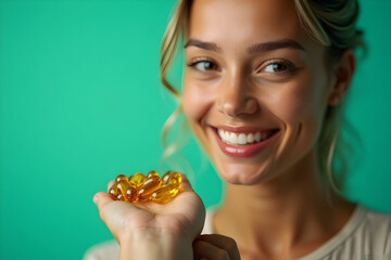 Woman Holding Fish Oil Capsules Smiling on Green Background