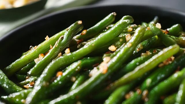 Freshly cooked green beans with garlic and spices
