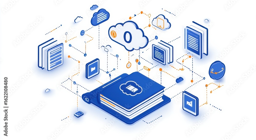 Poster abstract illustration of cloud computing with connected data and books