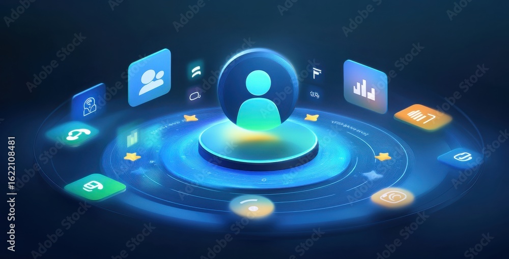 Poster stylized glowing profile icon surrounded by orbiting digital interface elements
