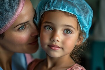 Little girl accompanied by her mother in a surgery examination, symbolizing the support and care provided to children in healthcare settings, Generative AI