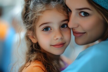 Little girl accompanied by her mother in a surgery examination, symbolizing the support and care provided to children in healthcare settings, Generative AI