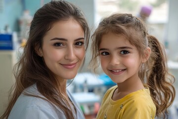 Little girl accompanied by her mother in a surgery examination, symbolizing the support and care provided to children in healthcare settings, Generative AI