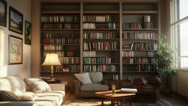 Sunlight illuminating cozy living room with large bookcase and elegant furniture