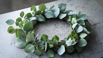 Elegant green eucalyptus wreath on speckled grey surface