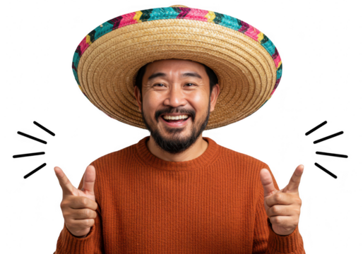 A happy asian man wearing a colorful sombrero and an orange sweater gives a thumbs up and points upwards with a big smile isolated on transparent background