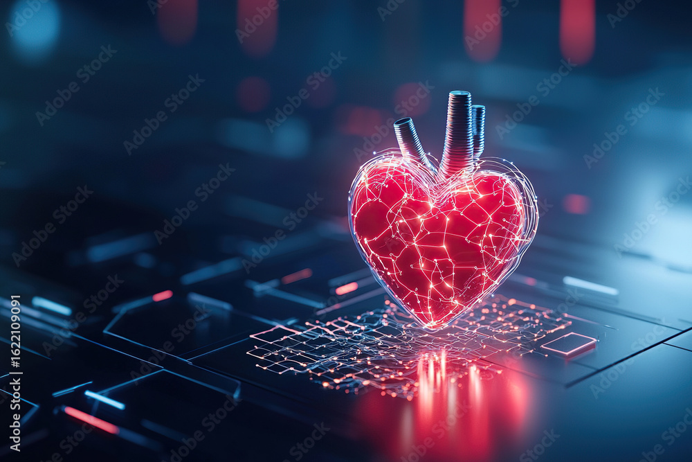 Aufkleber digital heart symbolizing fusion of technology and emotion, featuring glowing lines and circuits, re