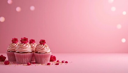 Delicate Pink Cupcakes with Red Rose Decorations. Three adorable cupcakes adorned with delicate red rose decorations and a soft pink frosting sit on a bright pink background.
