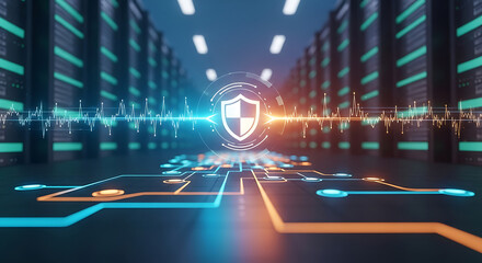 Cybersecurity shield protecting a futuristic data center with glowing network connections and server racks. Advanced digital information security concept for the future.