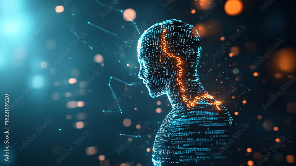 Poster abstract humanoid form made of code streams, glowing with vibrant colors, representing technology an