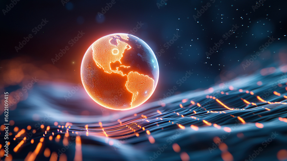 Poster digital globe representing earth with glowing lines and particles, symbolizing technology and explor