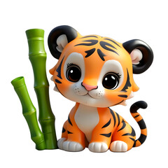 Cute Jungle Animal Baby Tiger in a Cartoon 3D Style with Bamboo, Transparent png file