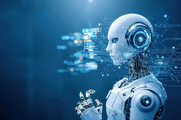 Futuristic robot with sleek design and digital interface, showcasing advanced technology and artificial intelligence. robot head features glowing