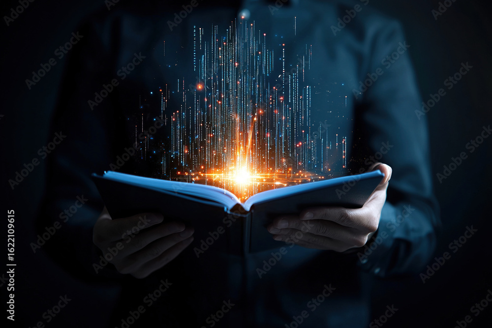 Poster person holding open book with glowing data streams emerging from it, symbolizing knowledge and techn