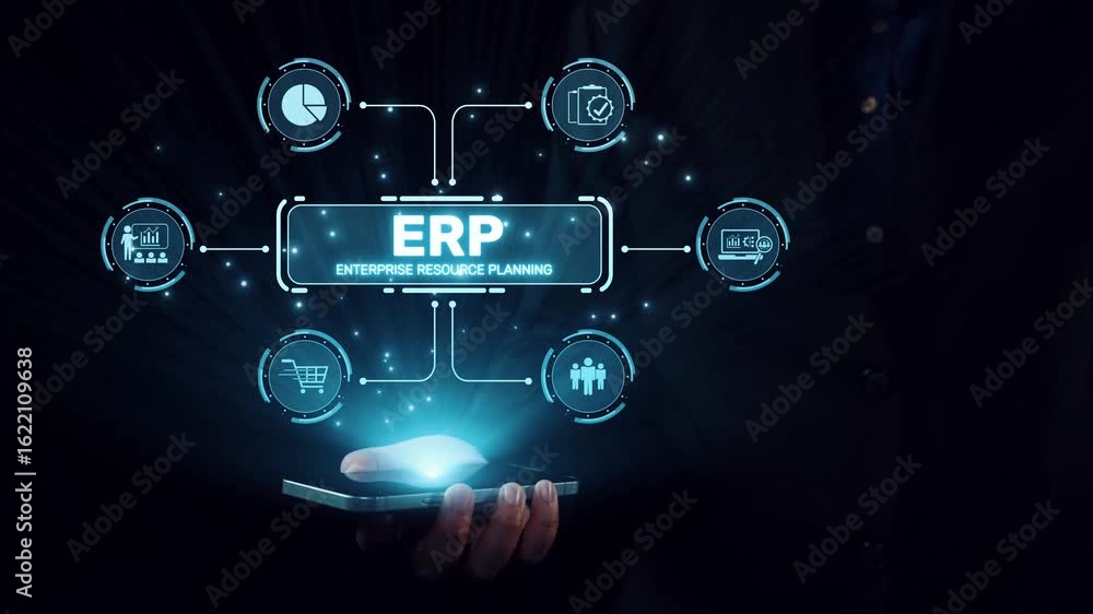 Poster erp platform visual showing centralized system for enterprise resource planning, improving integrati