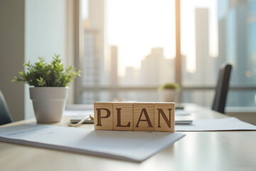 Planning with Wooden Blocks on Desk in Bright Office with City View