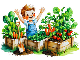 Watercolor Gardening Boy with Raised Beds and Vegetables