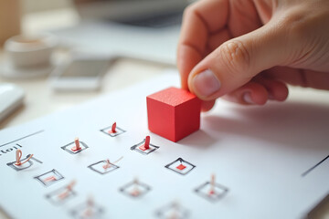 Hand Placing Red Cube on Checklist for Task Management
