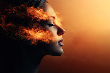 Captivating portrait of woman with fiery elements blending into her profile, creating dramatic and artistic effect