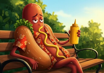Sad hot dog character sitting on park bench with mustard bottle
