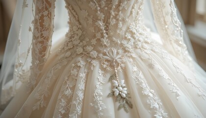 Close-Up of Elegant Bridal Dress Fabric with Intricate Embroidery – Wedding Background for Illustration and Design Concepts